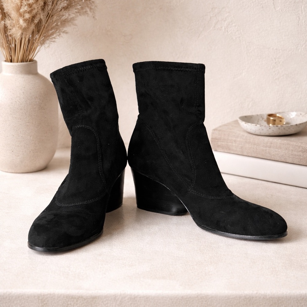 Pandora Black Suede Stretch Ankle Boots Wedge Heel